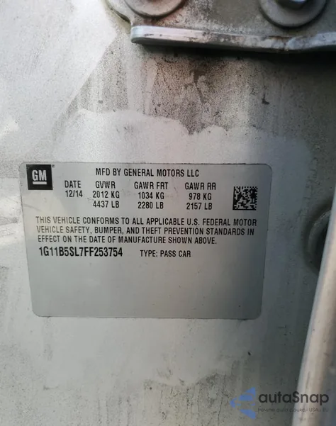 2015 Chevrolet Malibu Ls from USA, damaged, VIN 1G11B5SL7FF253754